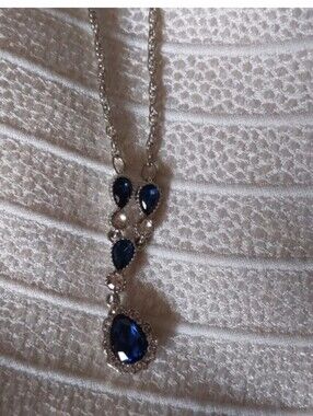 Silver-Tone Sapphire Blue Teardrop Pendant